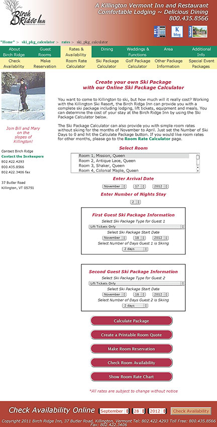 Ski Package Calculator page on the Birch Ridge Inn website birchridge.com</a>