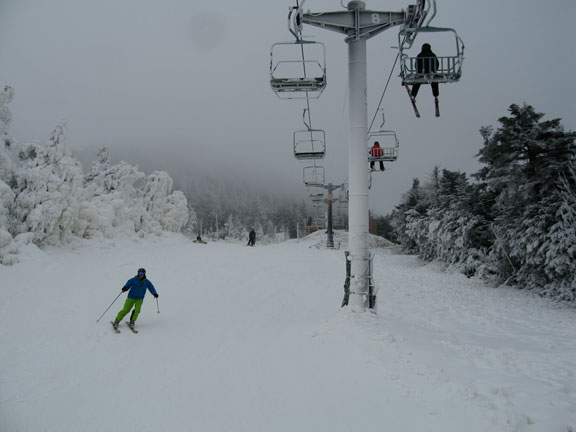 Looking up Rime towards a cloud draped Killington Peak