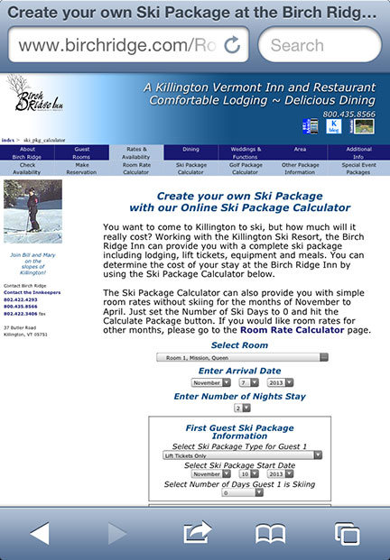 Birch Ridge Inn Ski Package Calculator