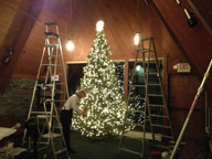 Mary hard at work finishing decorating the inn's Christmas Tree.