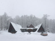 Heavy snow falling on the Birch Ridge Inn