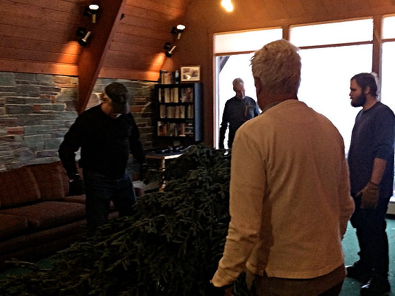 Preparing to raise the 2018 Birch Ridge Inn Christmas Tree.  Click on the picture for a video
