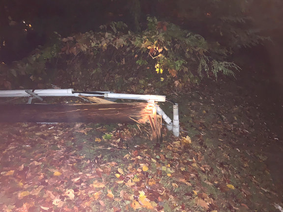 Utility pole feeding the Birch Ridge Inn downed by Thursday nights storm.